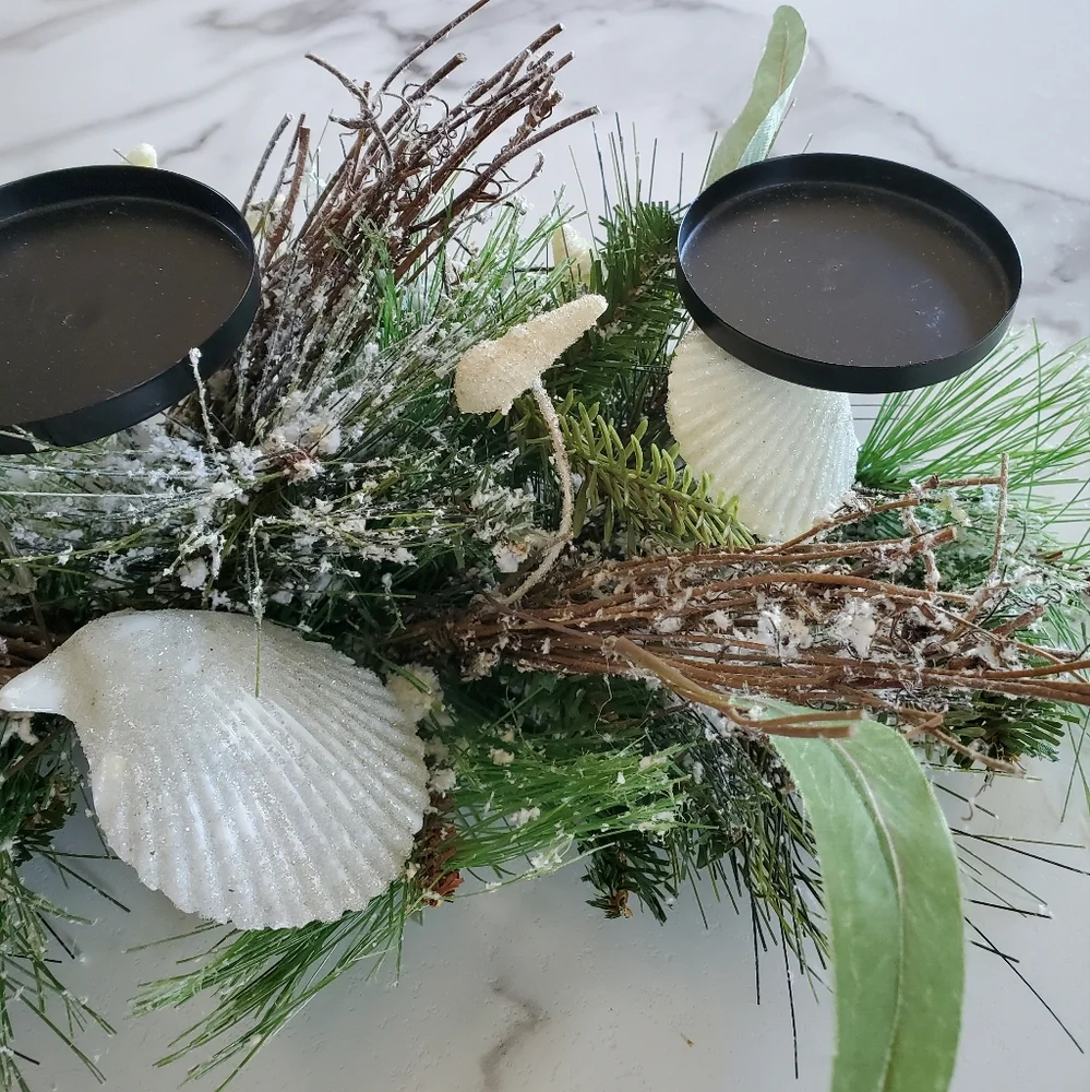 Frosted Pine Triple Candle Holder with Starfish & Sea Shells